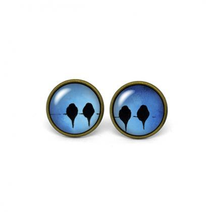 X341- Bird On The Wire, Glass Dome Post Earrings,..