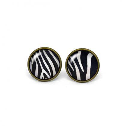 X241- Zebra Pattern, Glass Dome Post Earrings,..