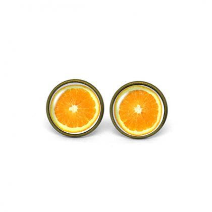 X553- Orange, Fruit, Glass Dome Post Earrings,..