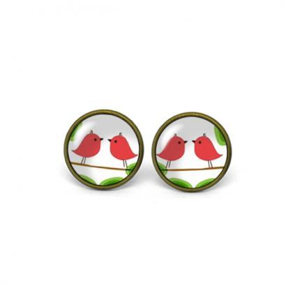 X629- Love Bird, Glass Dome Post Earrings,..