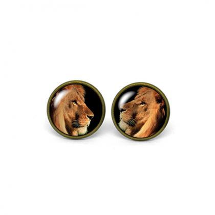 X476- Lion, Glass Dome Post Earrings