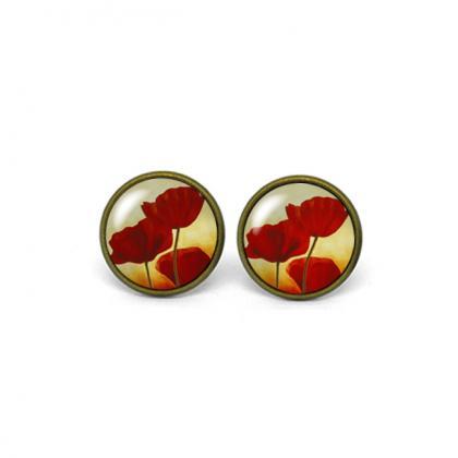 X746- Red Poppy Flower, Glass Dome Post Earrings