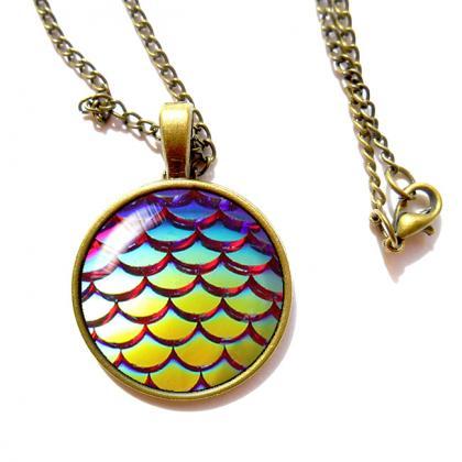 X829- Mermaid Scales, 25mm Glass Dome Necklace,..