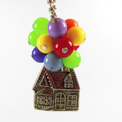 X132- Up Balloon House Charm Necklace, Handmade