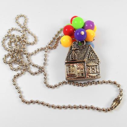 X132- Up Balloon House Charm Necklace, Handmade