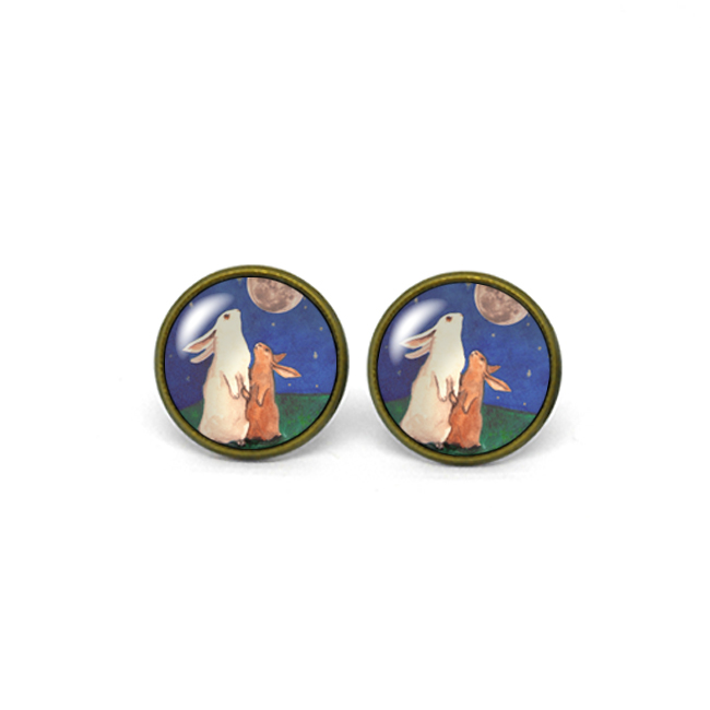 X704- Rabbit And The Moon, Glass Dome Post Earrings
