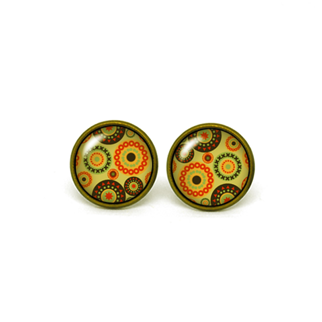 X219- Circle Pattern, Retro, Vintage Style, Glass Dome Post Earrings, Handmade