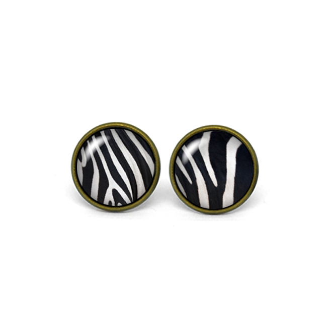 X241- Zebra Pattern, Glass Dome Post Earrings, Handmade
