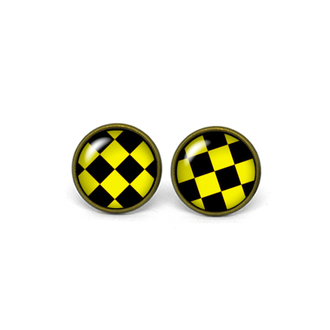 X254- Black & Yellow Rhombus Pattern, Glass Dome Post Earrings, Handmade
