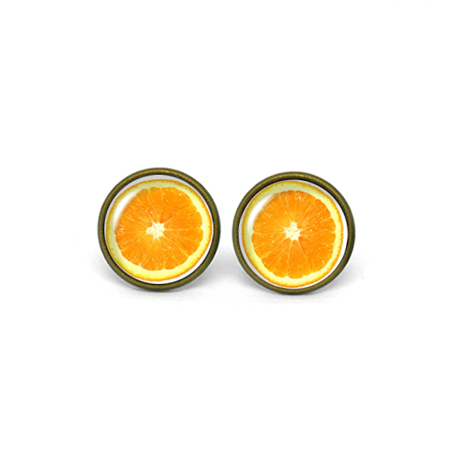 X553- Orange, Fruit, Glass Dome Post Earrings, Handmade